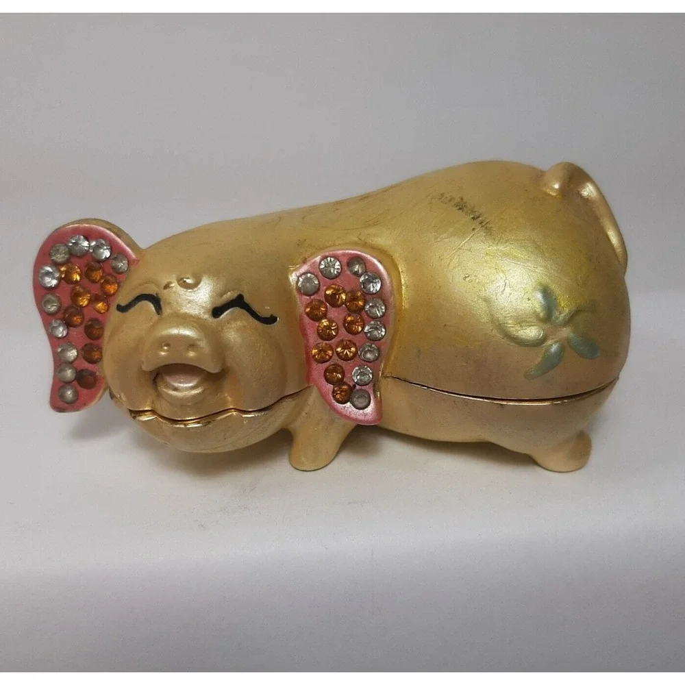 Gold and Pink Happy Smiling Hindu Pig Metal Enamel Hinged Box 3.25